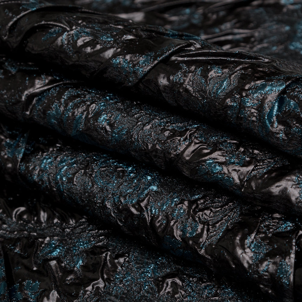 Metallic Gibraltar Sea and Black Floral Luxury Double Layer Organza Brocade - Detail
