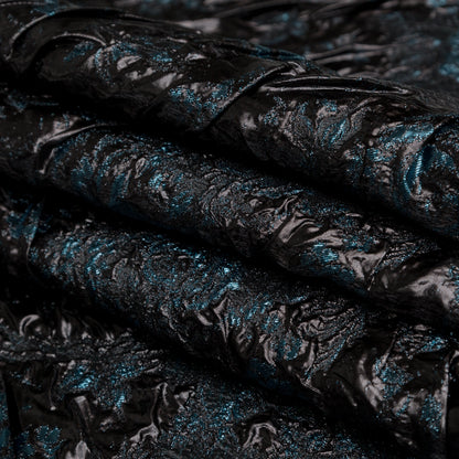 Metallic Gibraltar Sea and Black Floral Luxury Double Layer Organza Brocade - Detail