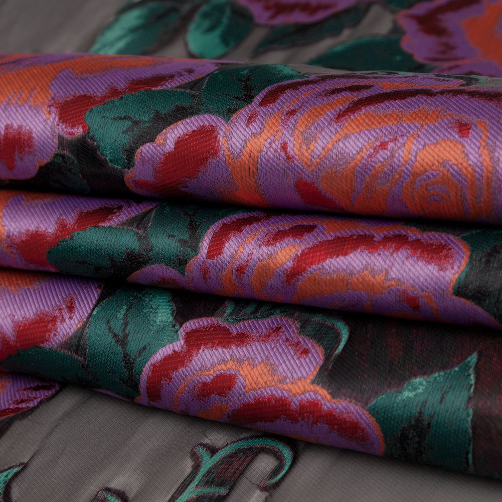 Metallic Space Cherry, Chinese Violet and Rain Forest Floral Luxury Organza Jacquard - Detail
