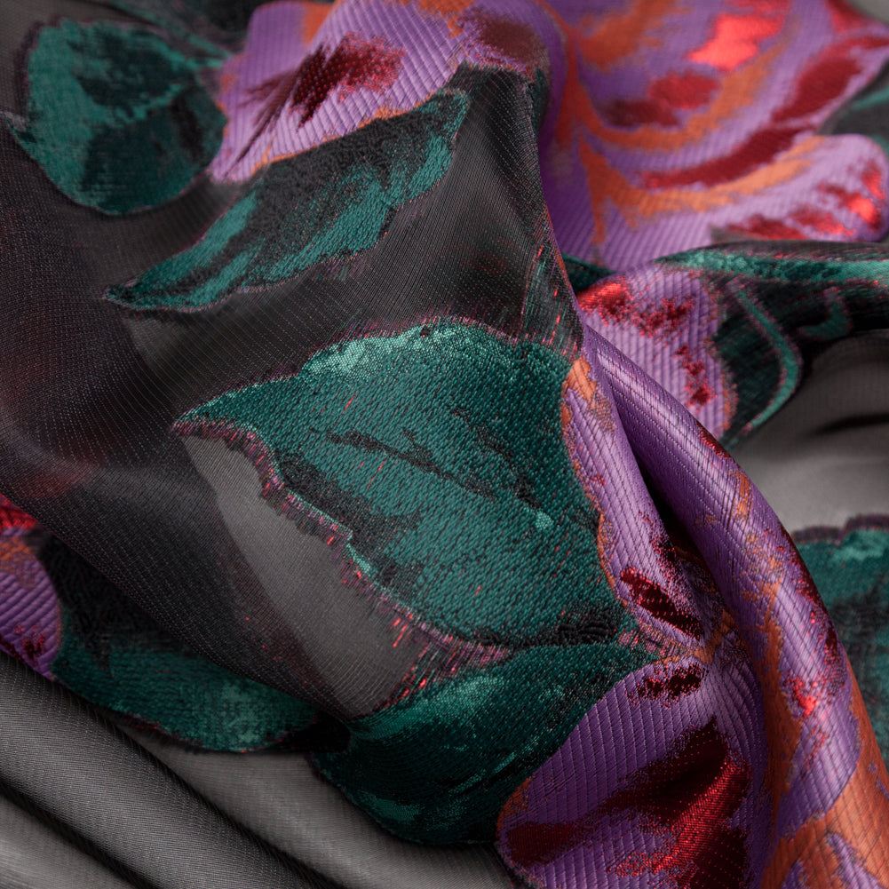 Metallic Space Cherry, Chinese Violet and Rain Forest Floral Luxury Organza Jacquard - Full