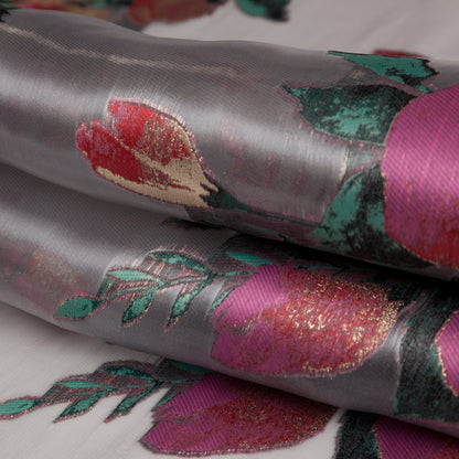 Metallic Gold, Red and Volcanic Glass Floral Luxury Organza Jacquard Folded