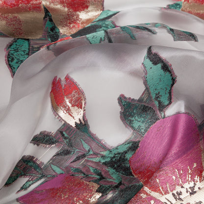 Metallic Gold, Red and Volcanic Glass Floral Luxury Organza Jacquard Detail