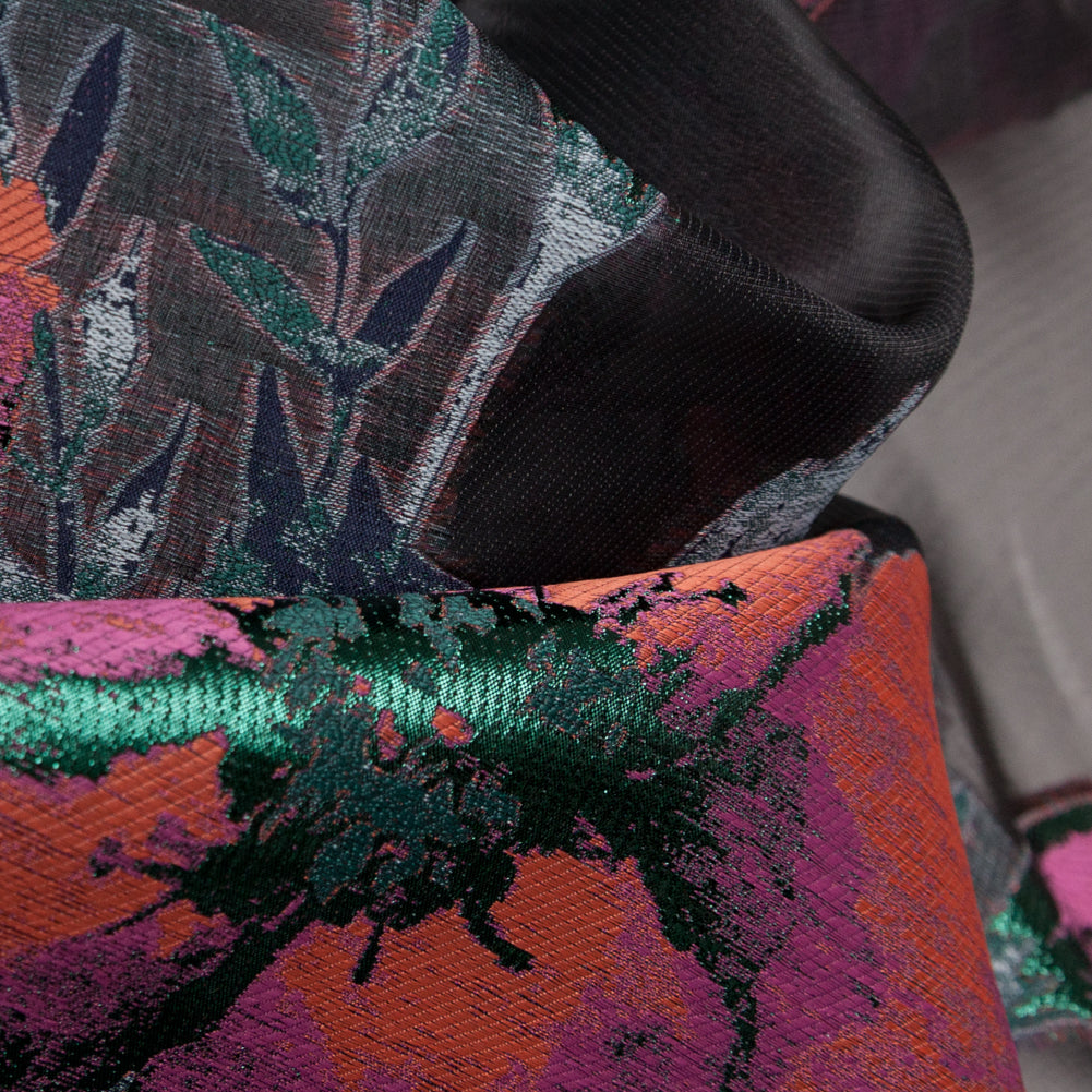 Metallic Evergreen, Cinnamon Stick and Boysenberry Floral Luxury Organza Jacquard - Detail