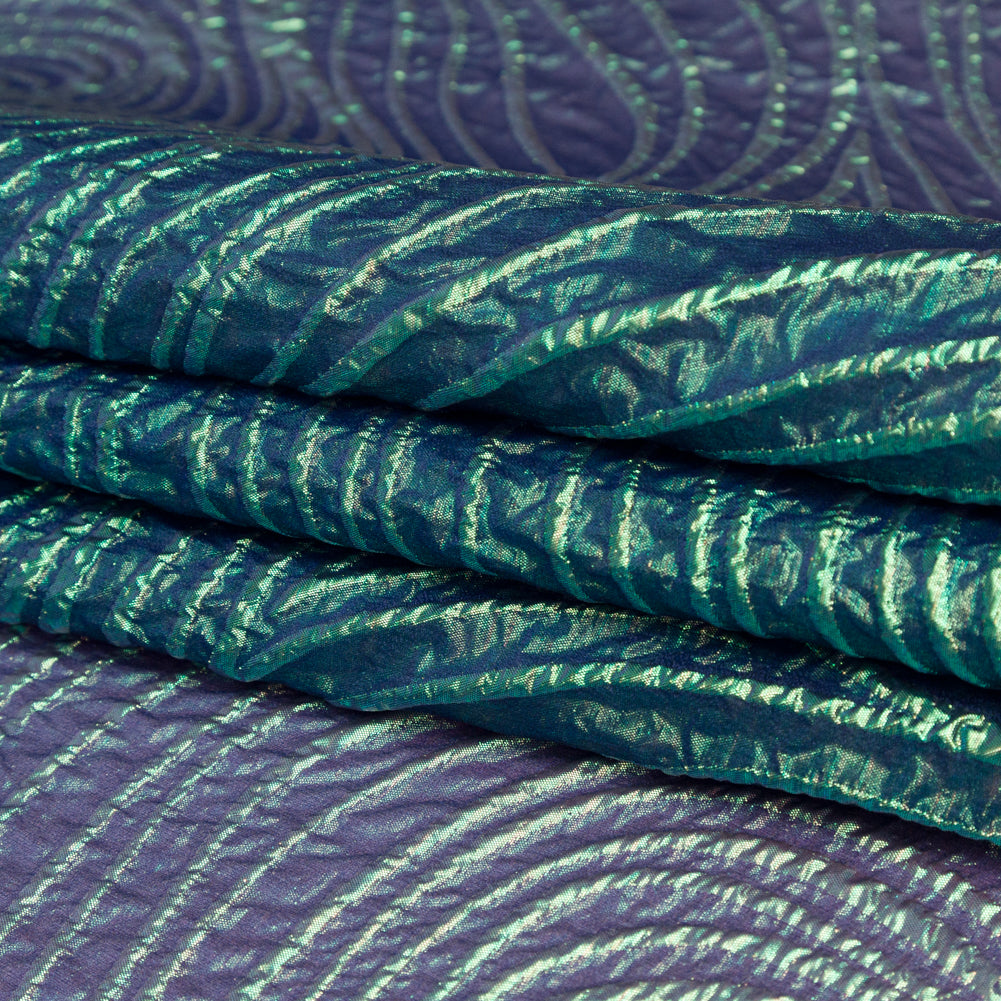 Metallic Green and Moroccan Blue Iridescent Spirals Luxury Organza Brocade - Folded