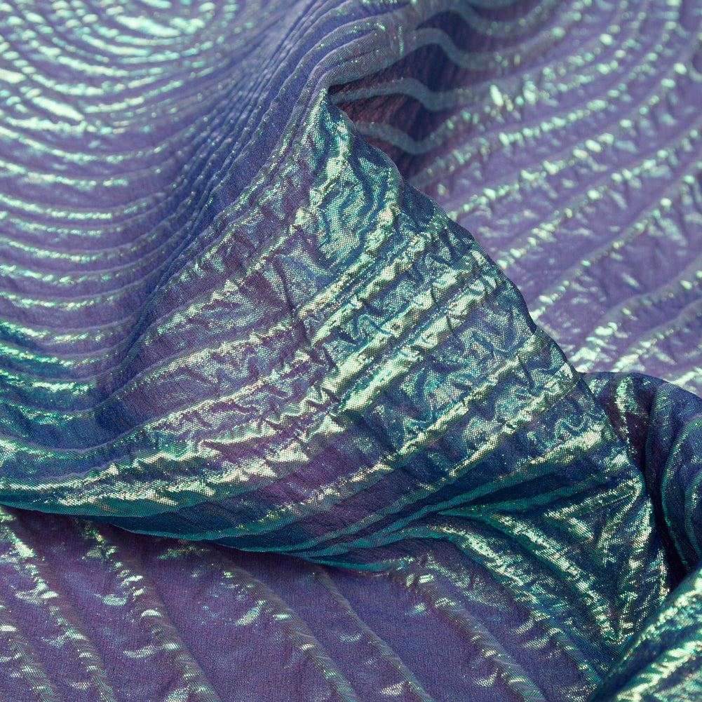 Metallic Green and Moroccan Blue Iridescent Spirals Luxury Organza Brocade - Detail