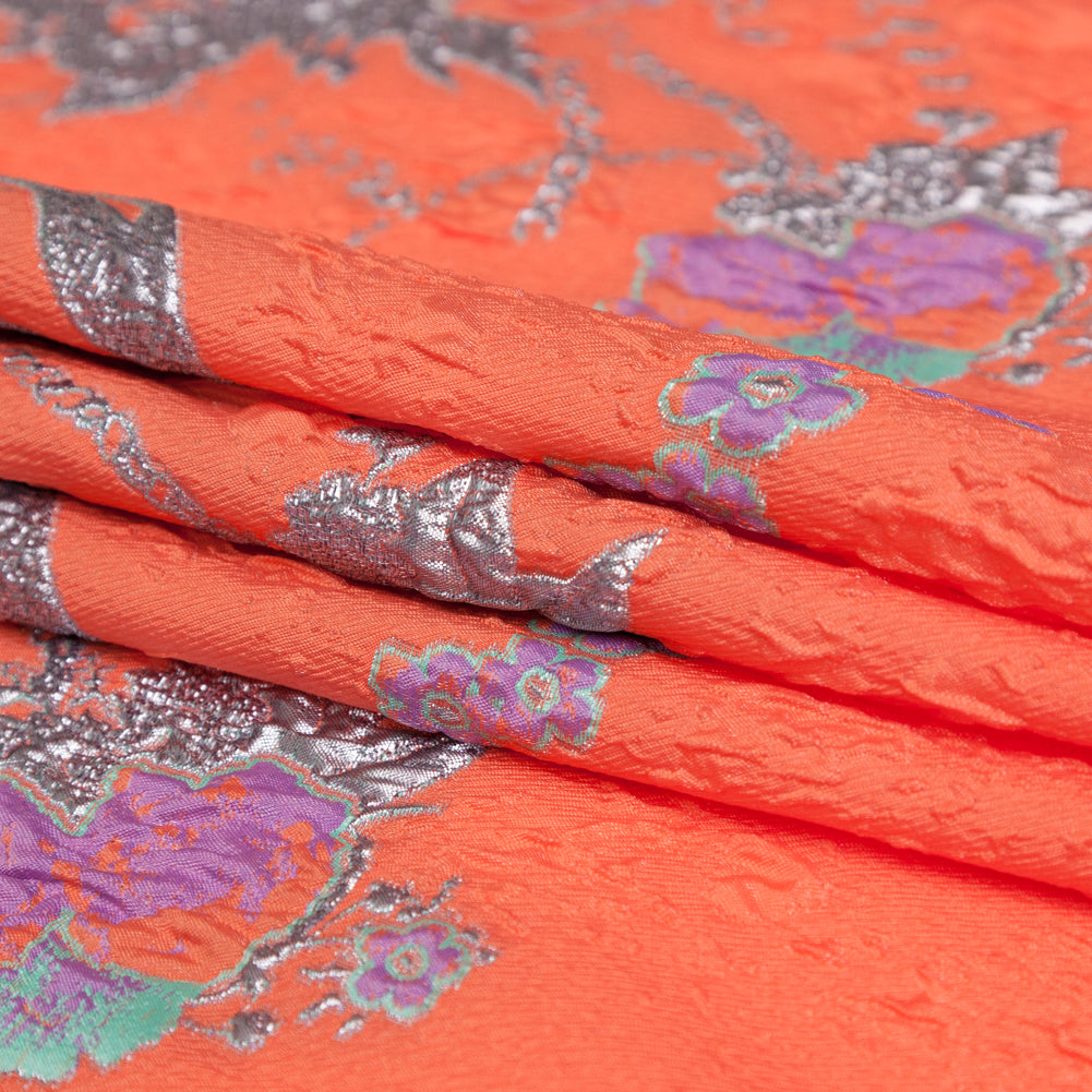Spearmint, Coral and Metallic Gold Floral Luxury Brocade Folded
