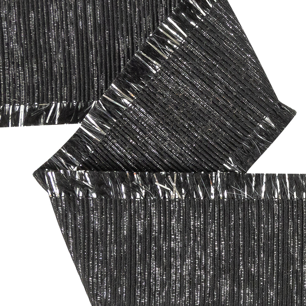 Italian Black and Silver Metallic Grosgrain Ribbon with Fringe - 1.4375 - Detail