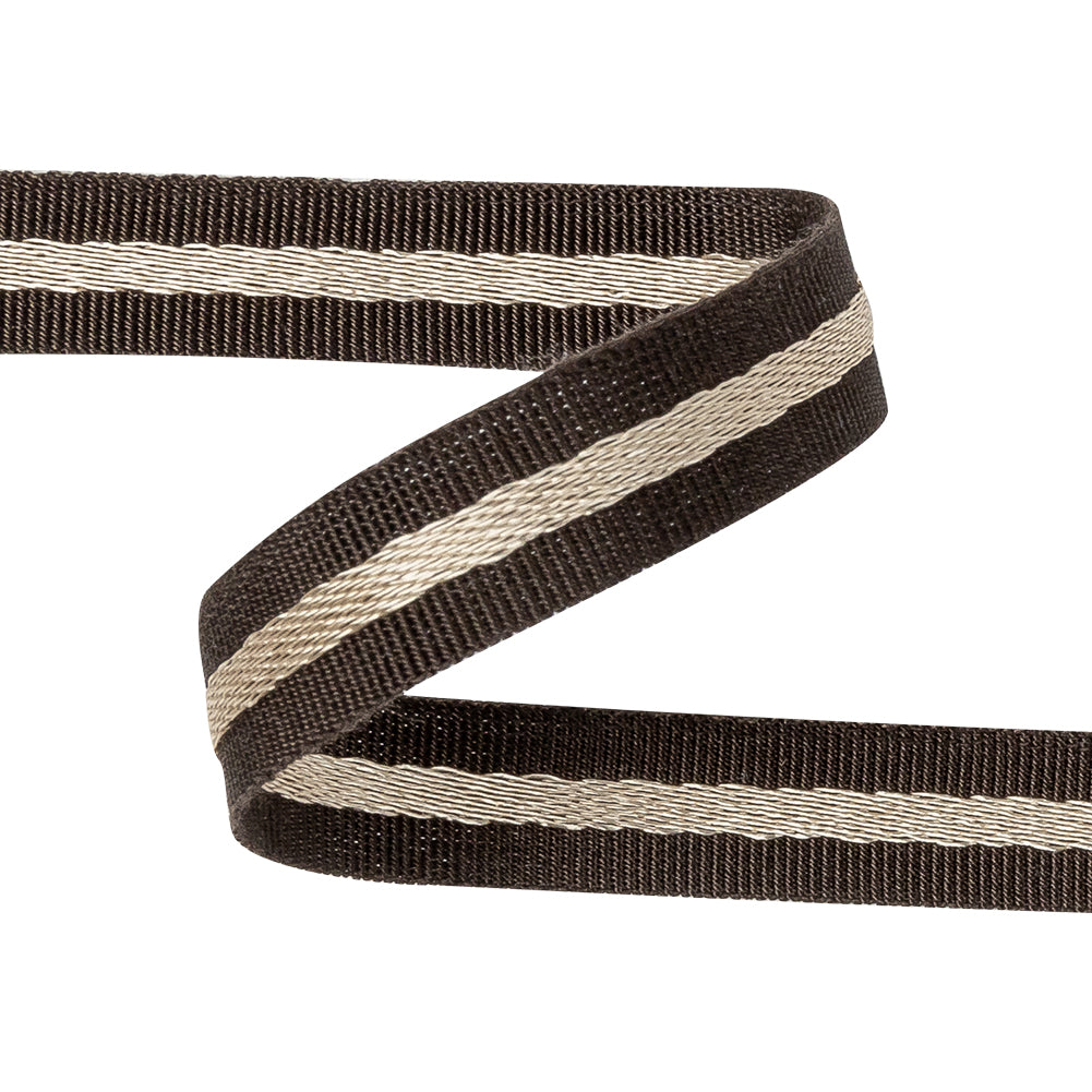 Italian Brown and Beige Striped Cotton Blend Grosgrain Ribbon - 0.4375 - Detail