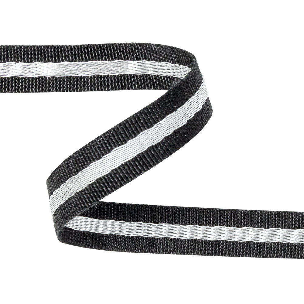 Italian Black and Silver Striped Cotton Blend Grosgrain Ribbon - 0.4375 - Detail