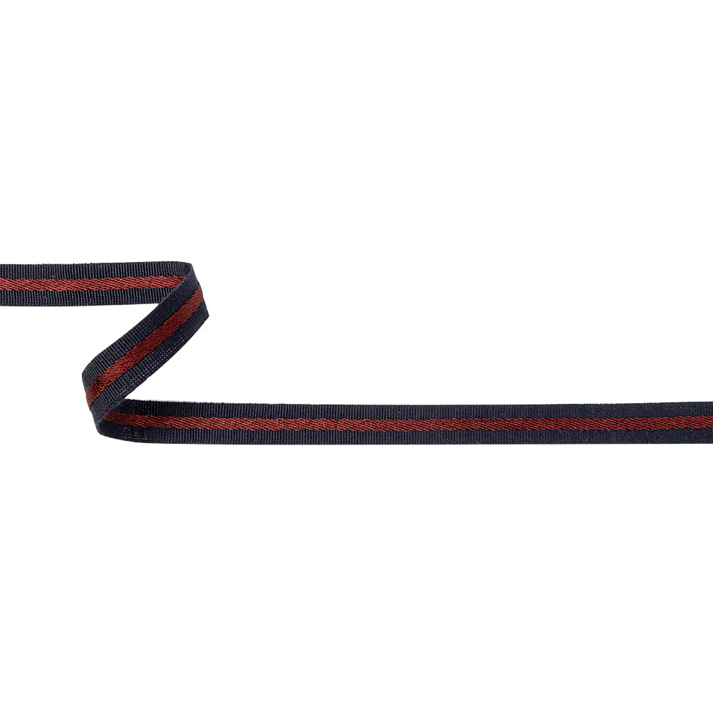 Italian Navy and Wine Striped Cotton Blend Grosgrain Ribbon - 0.4375