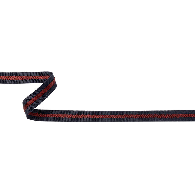 Italian Navy and Wine Striped Cotton Blend Grosgrain Ribbon - 0.4375