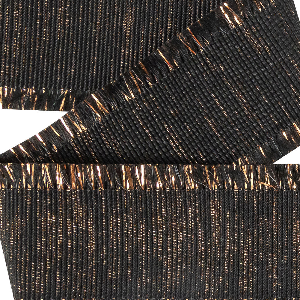 Italian Black and Copper Metallic Grosgrain Ribbon with Fringe - 1.4375" Detail