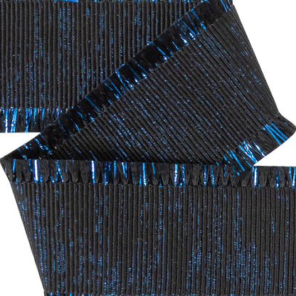 Italian Black and Magnetic Blue Metallic Grosgrain Ribbon with Fringe - 1.4375 - Detail