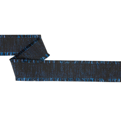 Italian Black and Magnetic Blue Metallic Grosgrain Ribbon with Fringe - 1.4375