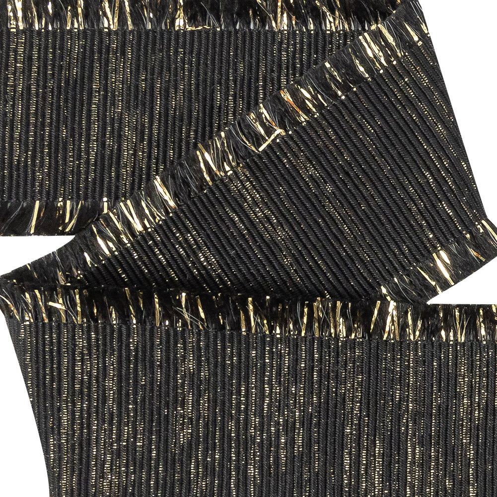 Italian Black and Gold Metallic Grosgrain Ribbon with Fringe - 1.4375" Detail