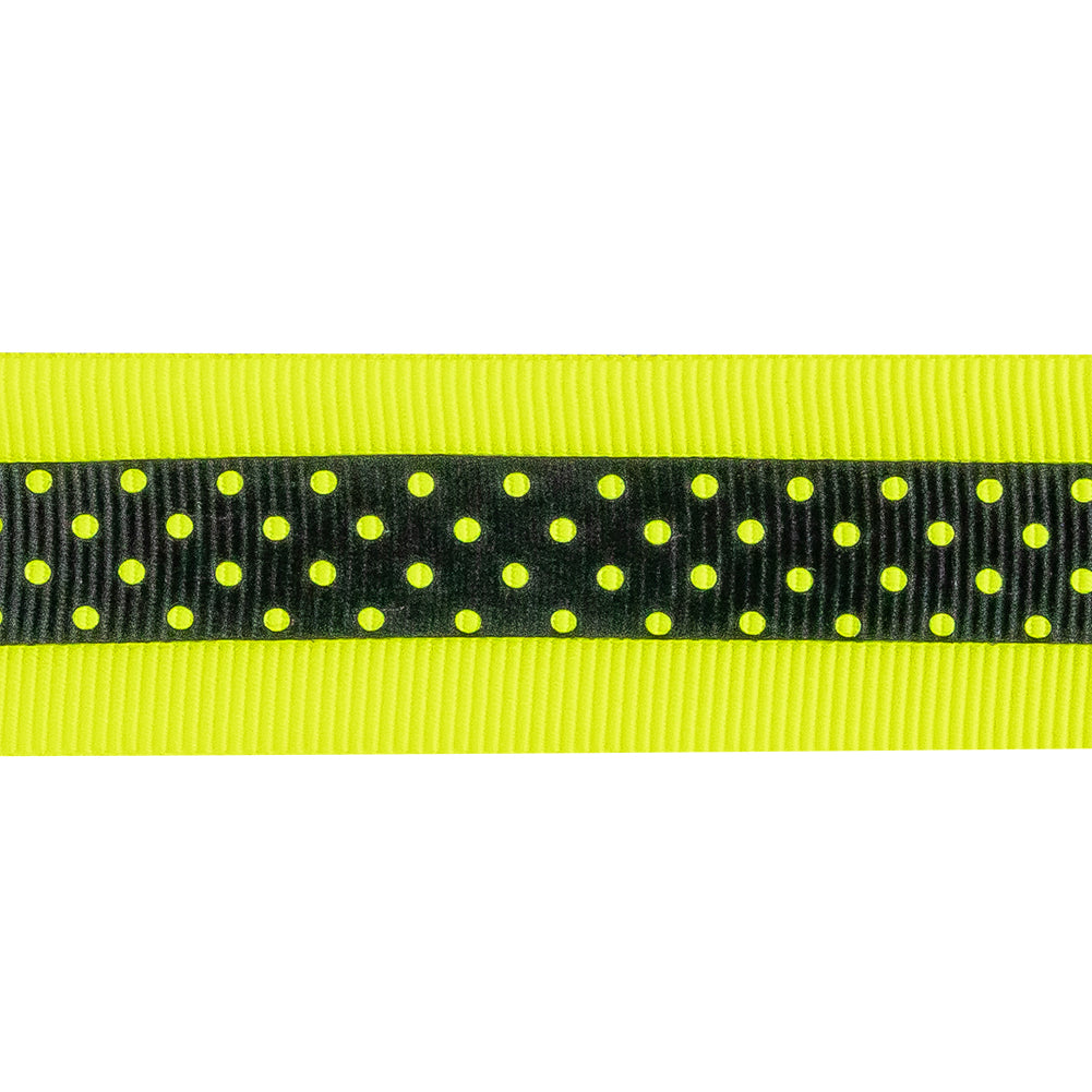 Italian Neon Yellow and Black Polka Dot Striped Petersham Grosgrain Ribbon - 1" Detail