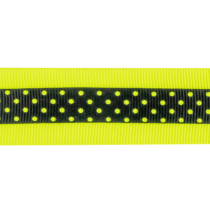 Italian Neon Yellow and Black Polka Dot Striped Petersham Grosgrain Ribbon - 1" Detail
