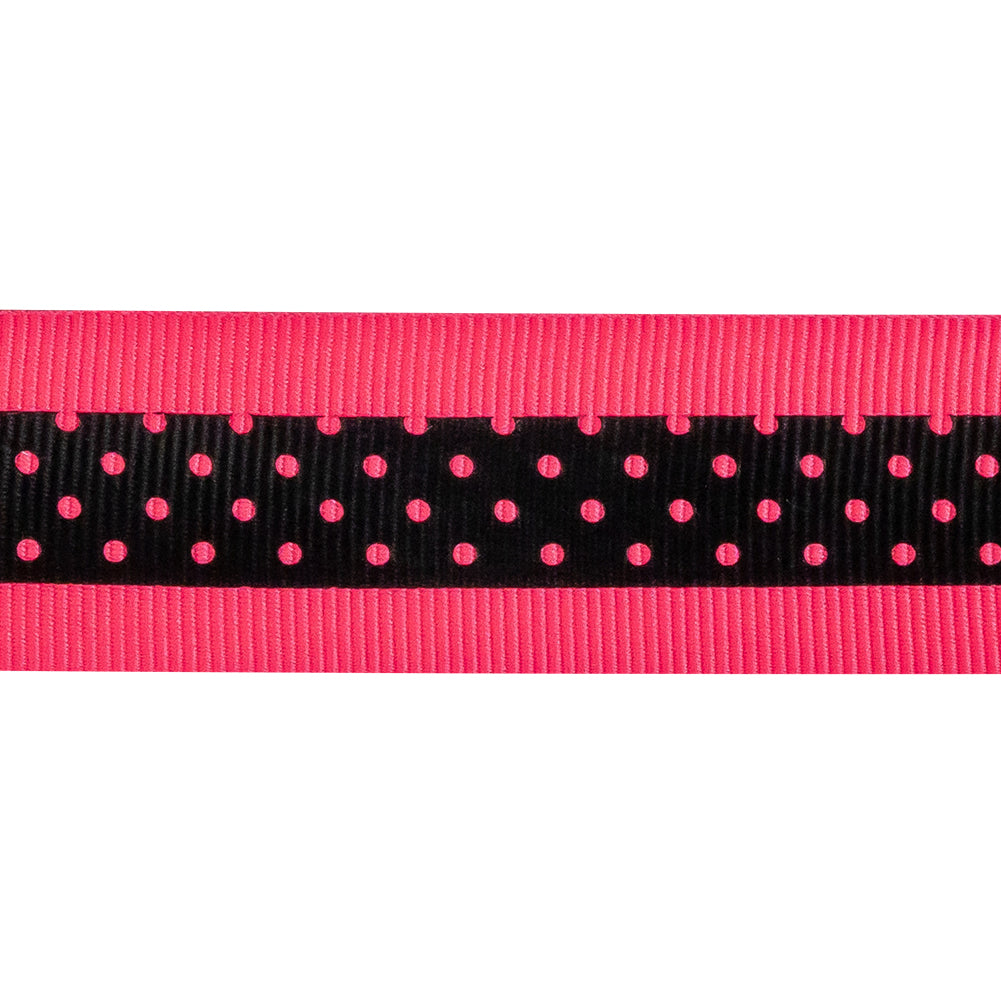 Italian Neon Pink and Black Polka Dot Striped Petersham Grosgrain Ribbon - 1" Detail
