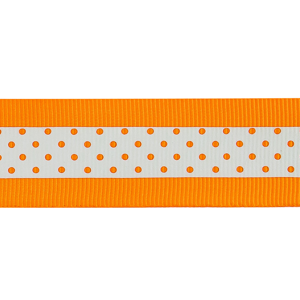 Italian Neon Orange and White Polka Dot Striped Petersham Grosgrain Ribbon - 1 - Detail
