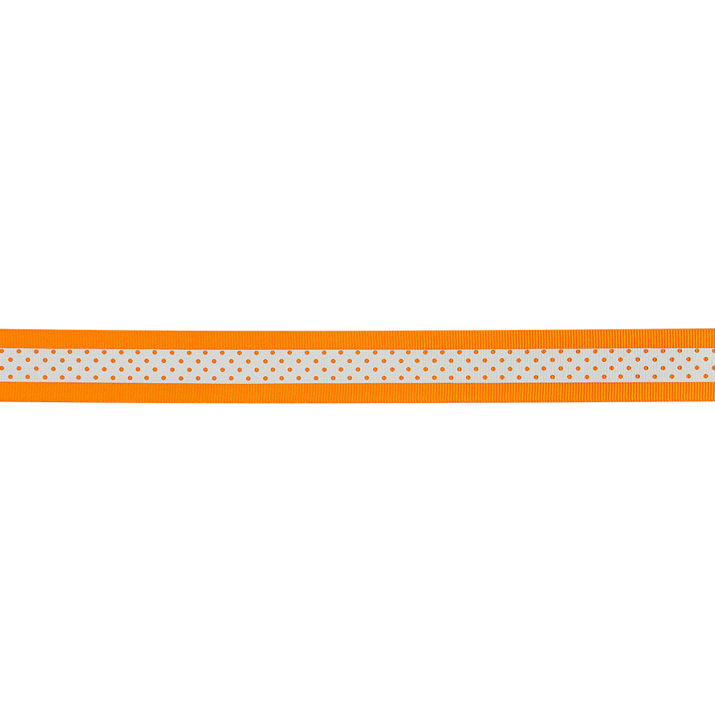 Italian Neon Orange and White Polka Dot Striped Petersham Grosgrain Ribbon - 1