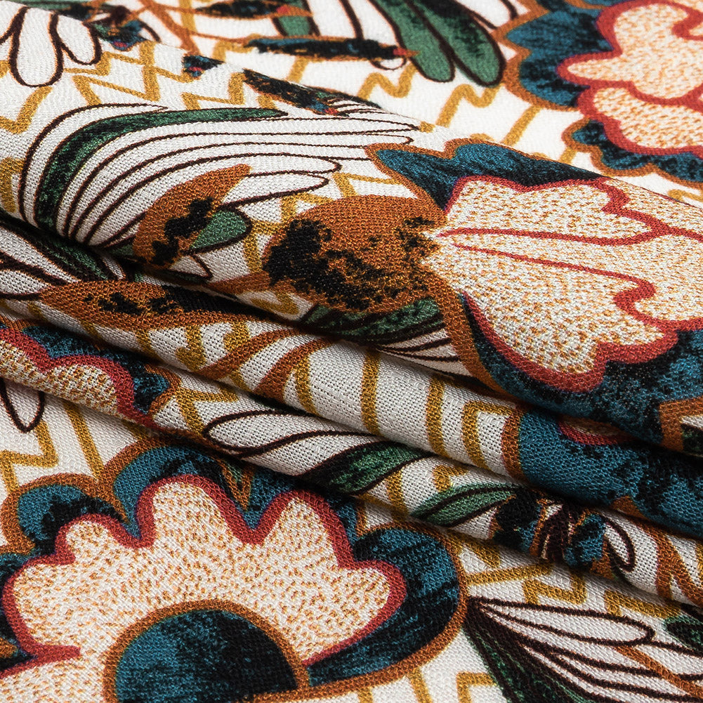 Slubbed Viscose Woven Print - Mustard and Terracotta Floral and Zig Zag - Mood Exclusive Retro Blossoms Folded