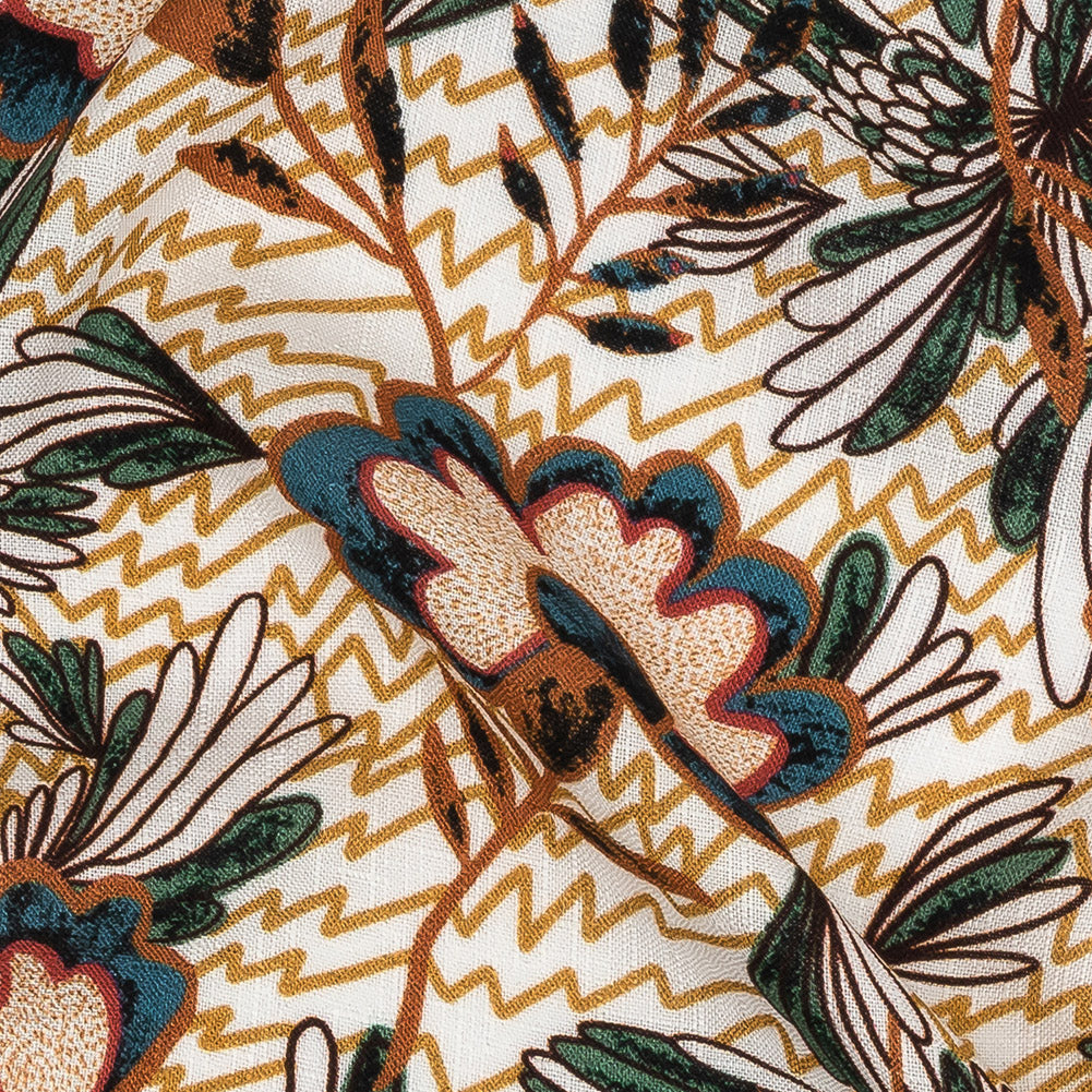 Slubbed Viscose Woven Print - Mustard and Terracotta Floral and Zig Zag - Mood Exclusive Retro Blossoms Detail
