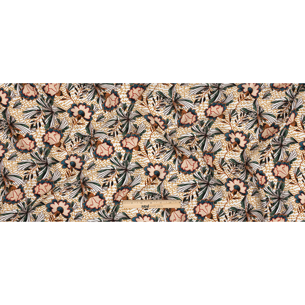 Slubbed Viscose Woven Print - Mustard and Terracotta Floral and Zig Zag - Mood Exclusive Retro Blossoms Full