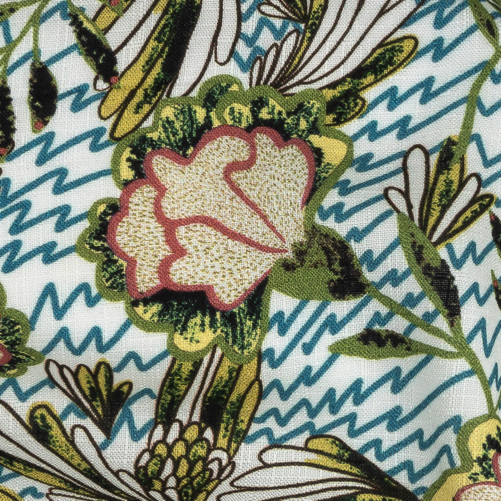Mood Exclusive Turquoise and Green Retro Blossoms Slubbed Viscose Woven - Detail