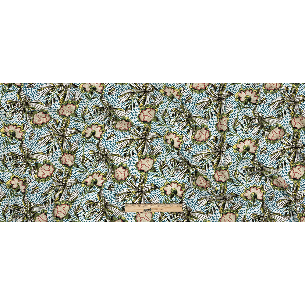 Mood Exclusive Turquoise and Green Retro Blossoms Slubbed Viscose Woven - Full