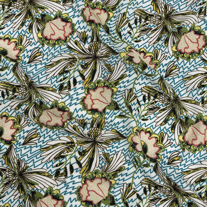 Mood Exclusive Turquoise and Green Retro Blossoms Slubbed Viscose Woven
