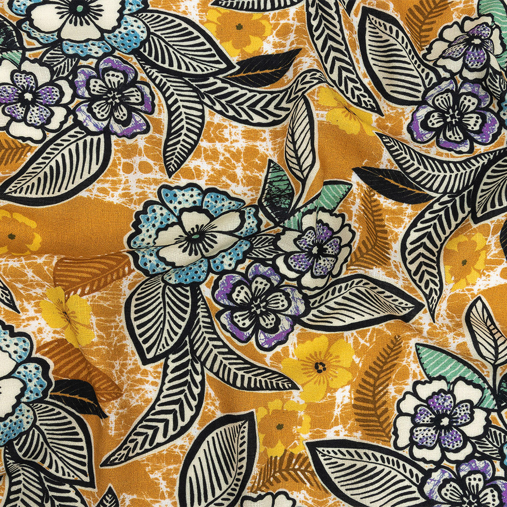 Mood Exclusive Golden Orange Blackened Buds Slubbed Viscose Woven