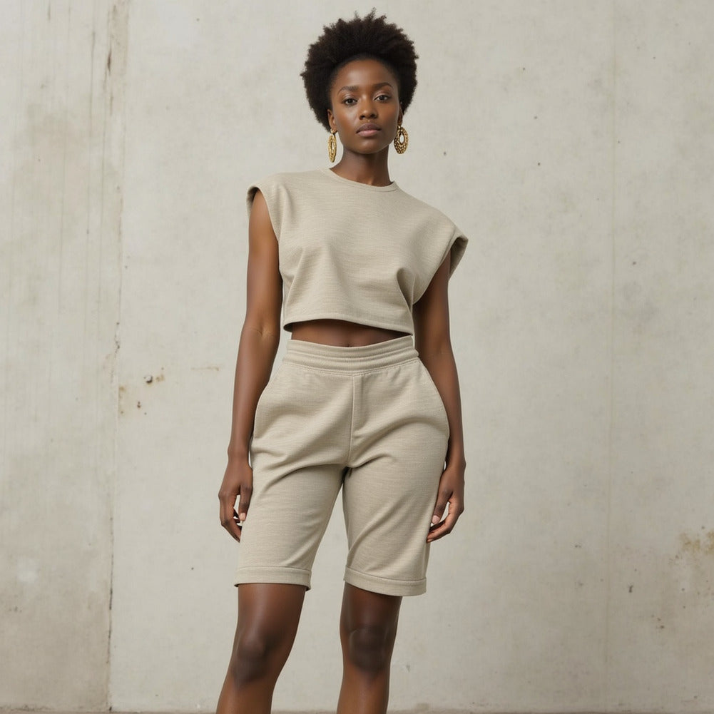 Cotton French Terry Knit - Heathered Moonbeam, Quarry, and Turtledove - Elida Collection - Editorial - Image 4 of 6