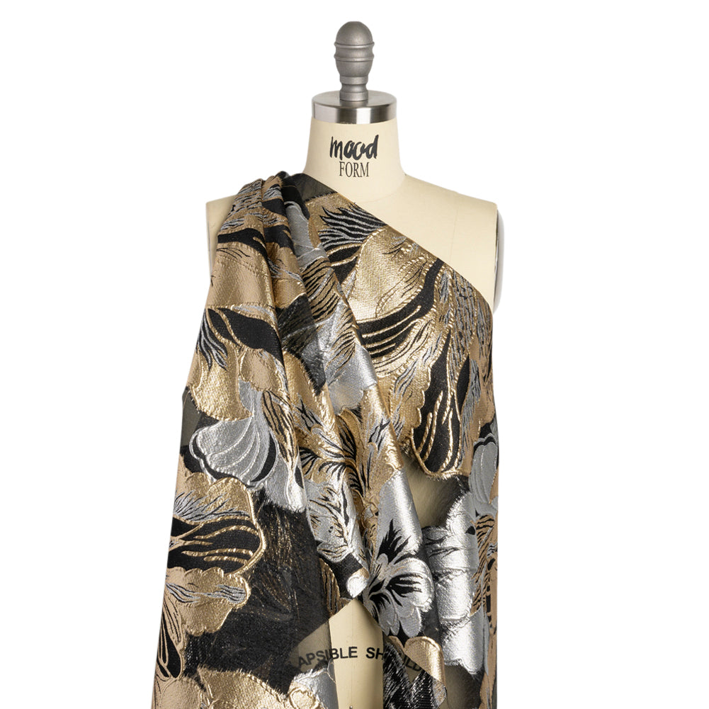 Metallic Gold, Silver and Black Fantastic Flowers Luxury Burnout Brocade Detail
