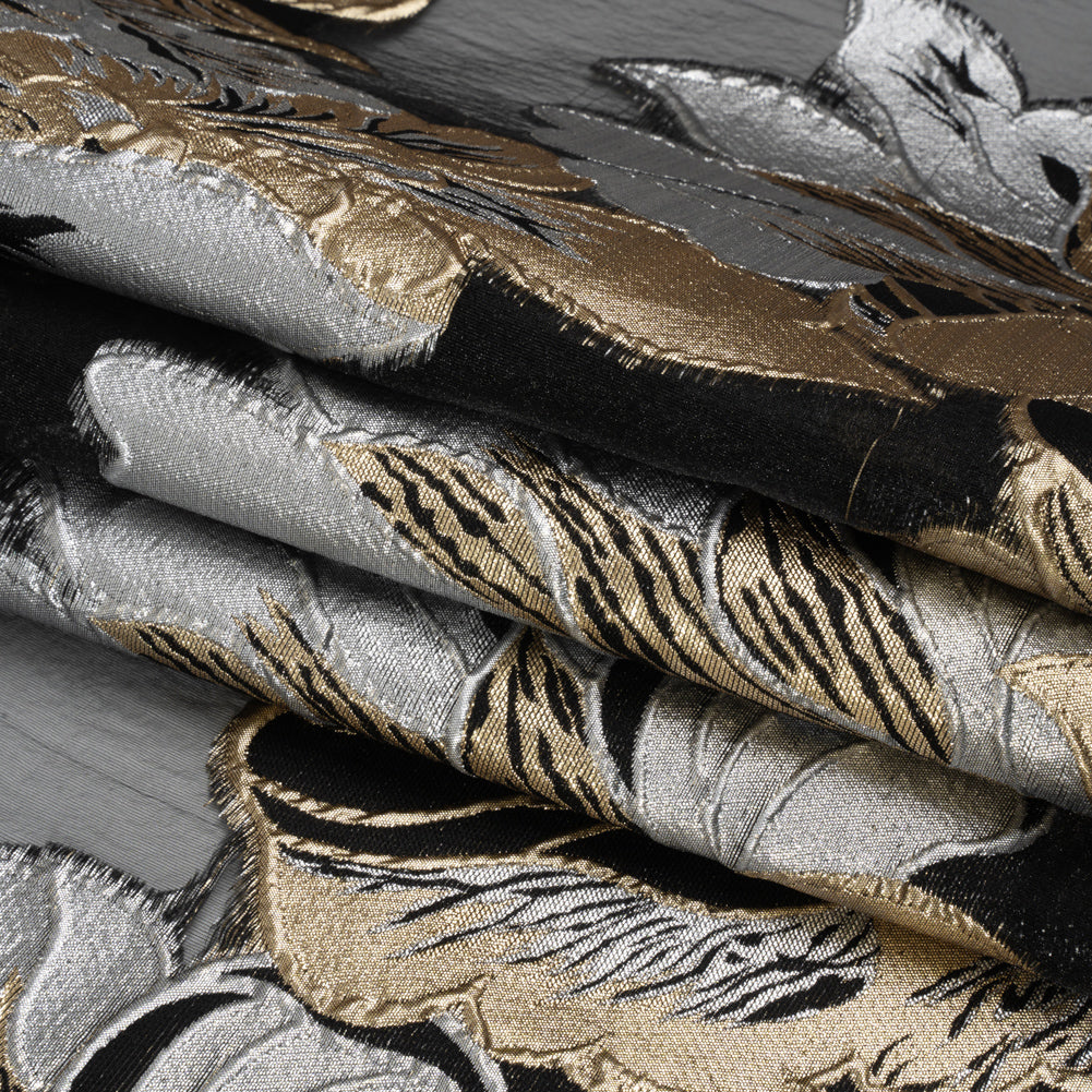 Metallic Gold, Silver and Black Fantastic Flowers Luxury Burnout Brocade Full
