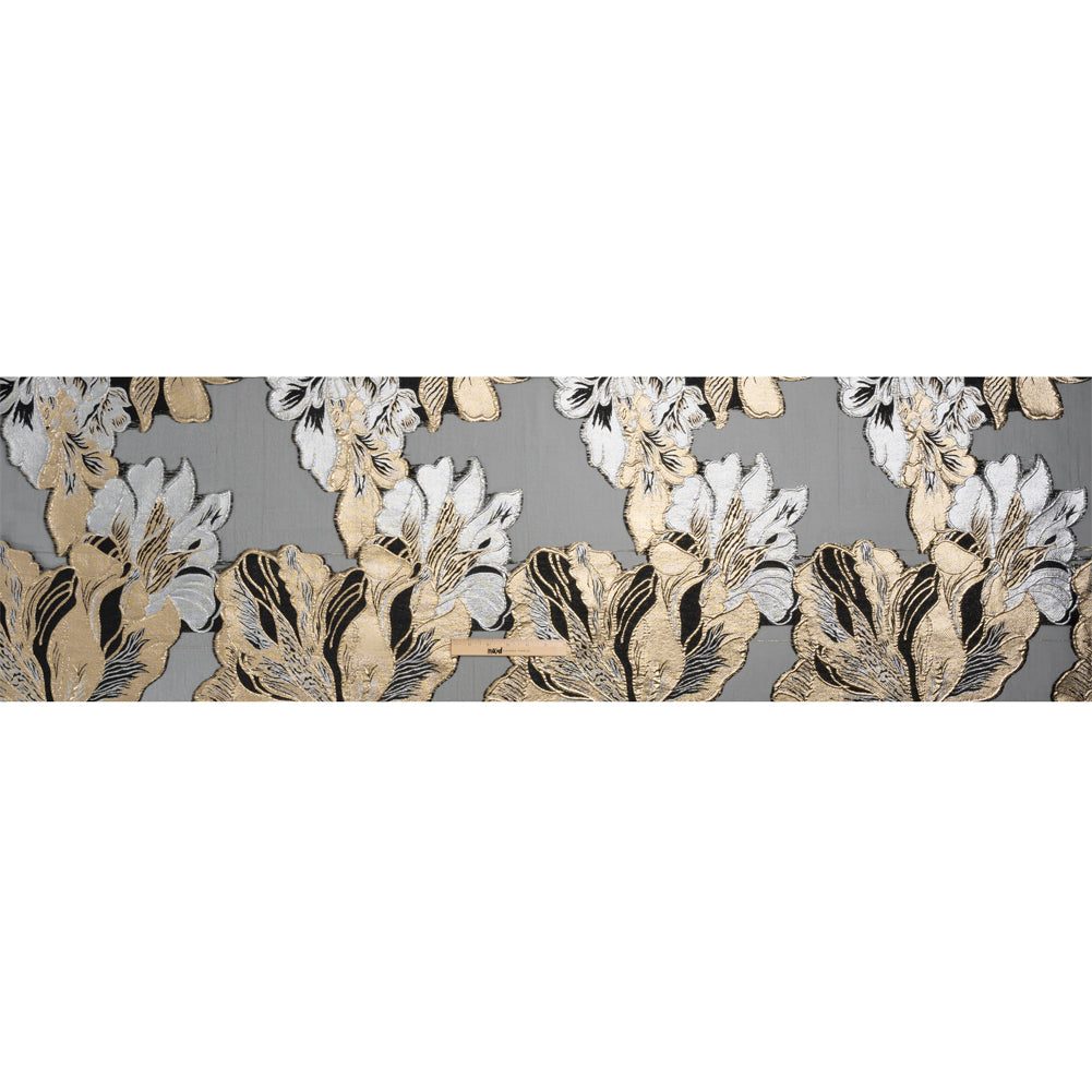 Metallic Gold, Silver and Black Fantastic Flowers Luxury Burnout Brocade Drape