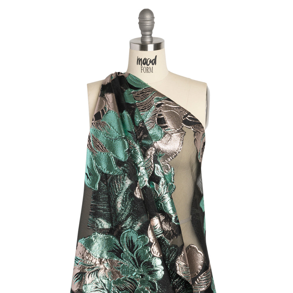 Metallic Rose Gold, Aqua and Black Fantastic Flowers Luxury Burnout Brocade Detail