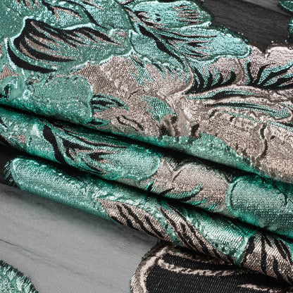Metallic Rose Gold, Aqua and Black Fantastic Flowers Luxury Burnout Brocade Full