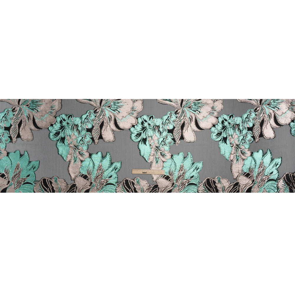 Metallic Rose Gold, Aqua and Black Fantastic Flowers Luxury Burnout Brocade Drape