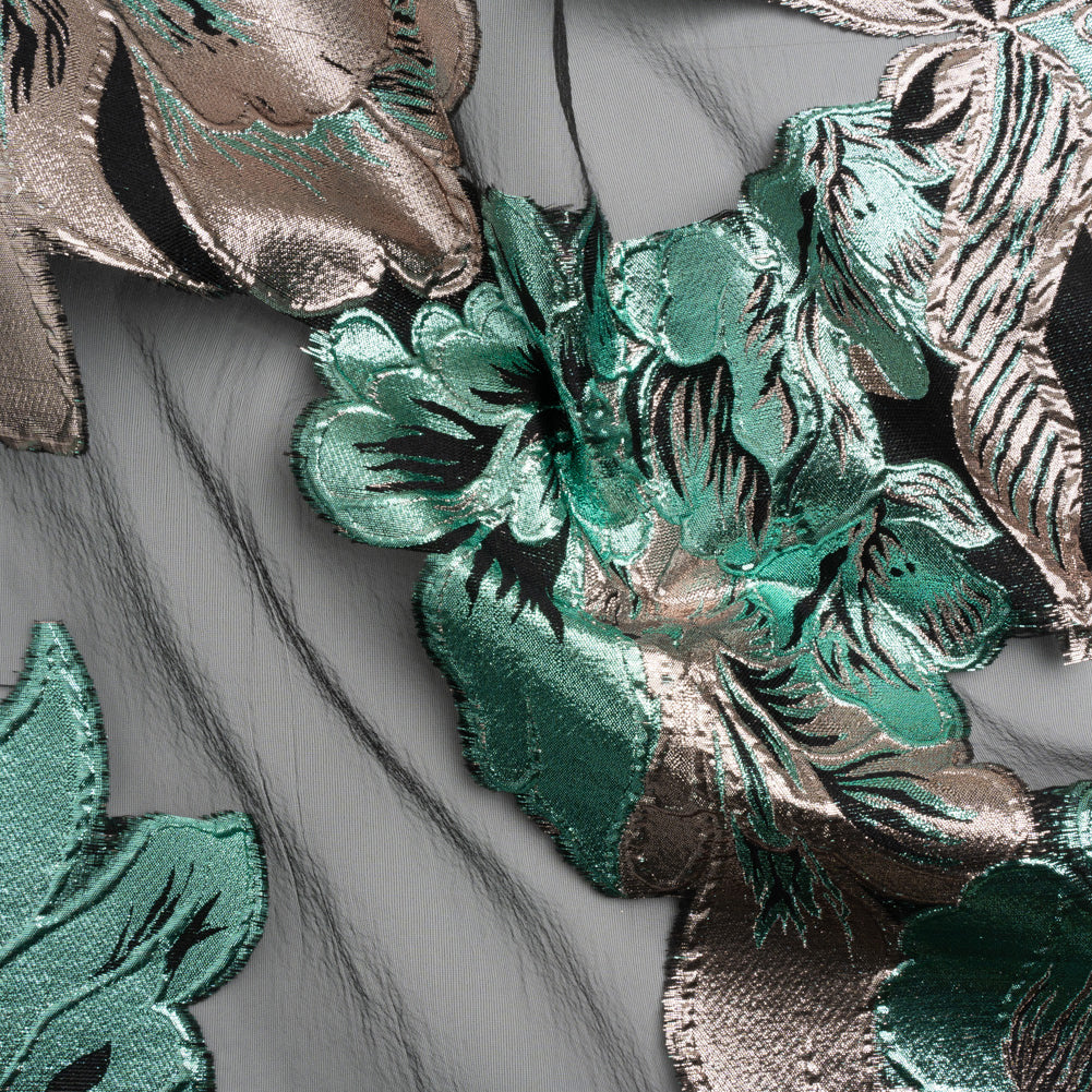 Metallic Rose Gold, Aqua and Black Fantastic Flowers Luxury Burnout Brocade