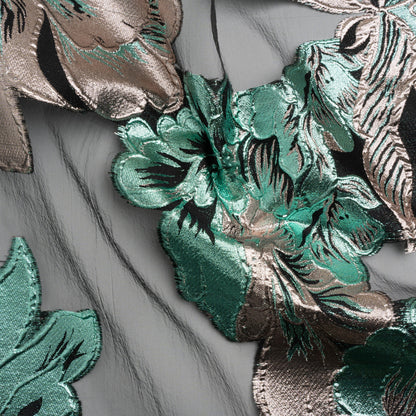 Metallic Rose Gold, Aqua and Black Fantastic Flowers Luxury Burnout Brocade