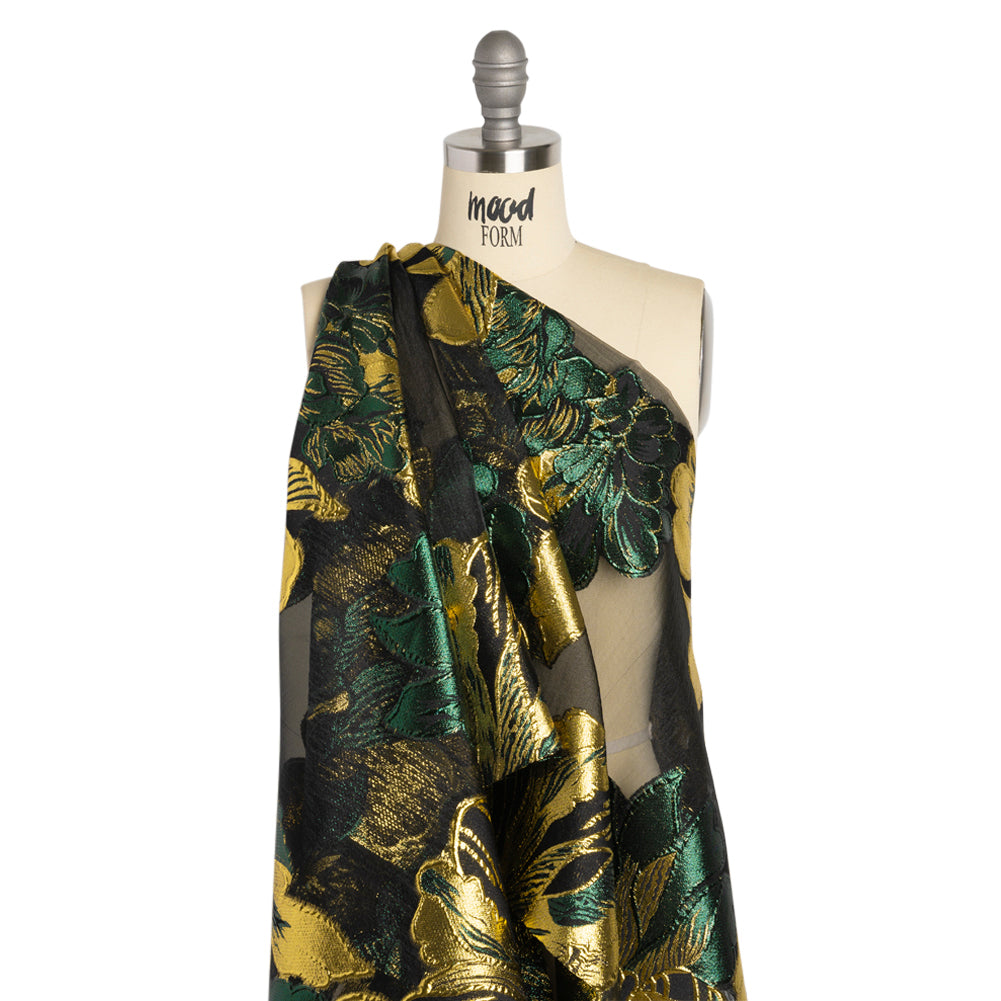 Metallic Forest, Gold and Black Fantastic Flowers Luxury Burnout Brocade - Detail