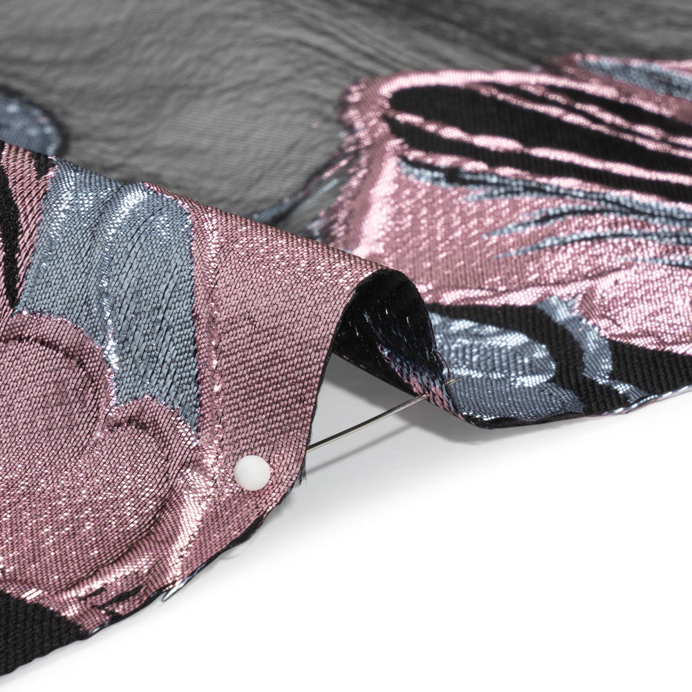 Metallic Pink, Blue Gray and Black Fantastic Flowers Luxury Burnout Brocade Folded