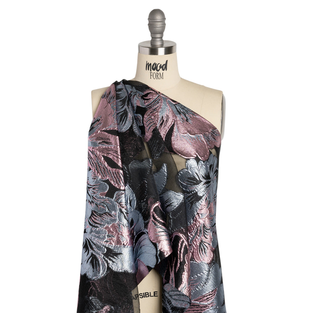 Metallic Pink, Blue Gray and Black Fantastic Flowers Luxury Burnout Brocade Detail