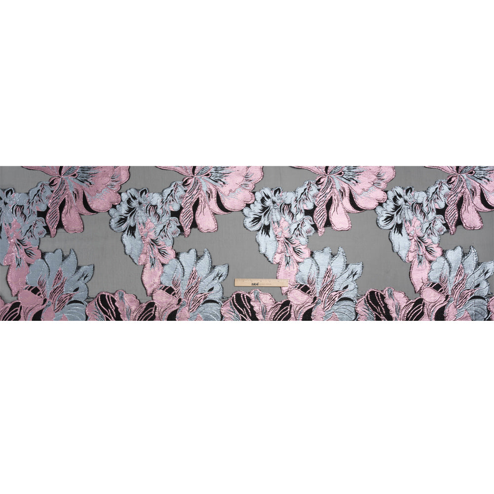 Metallic Pink, Blue Gray and Black Fantastic Flowers Luxury Burnout Brocade Drape