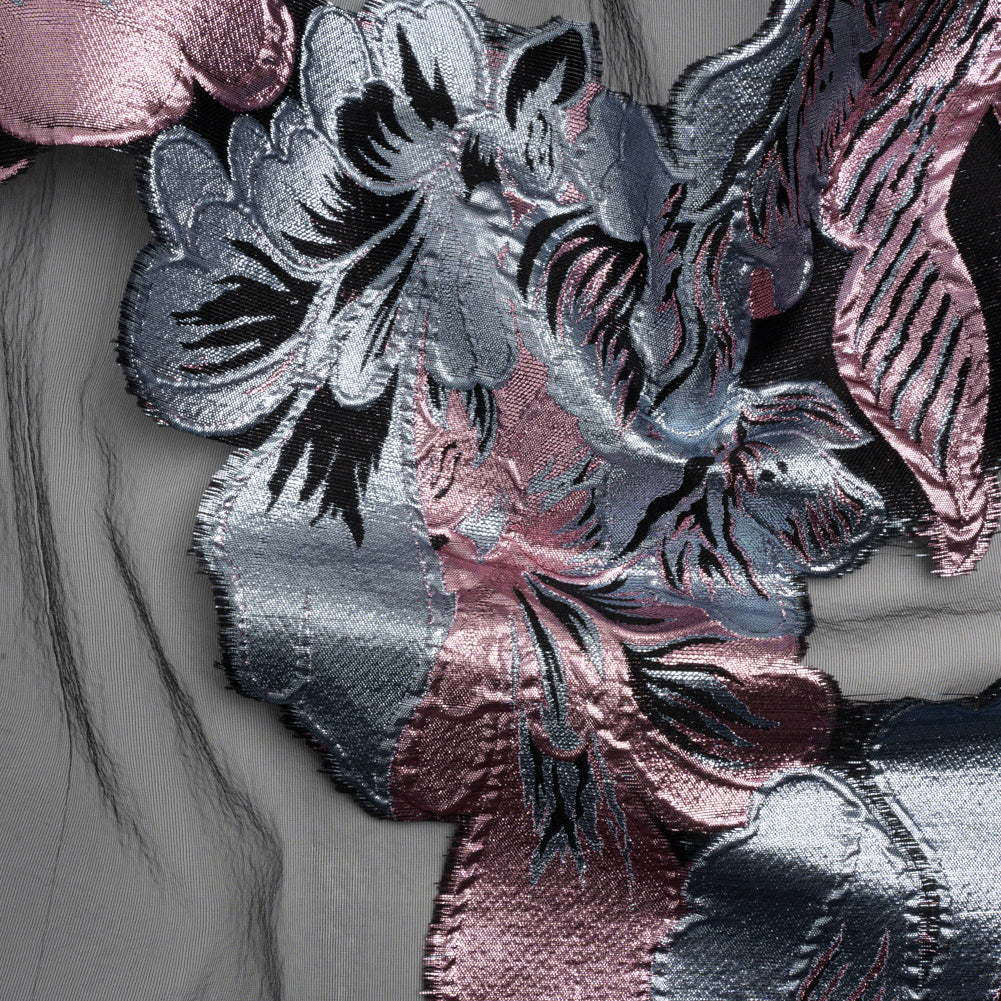 Metallic Pink, Blue Gray and Black Fantastic Flowers Luxury Burnout Brocade
