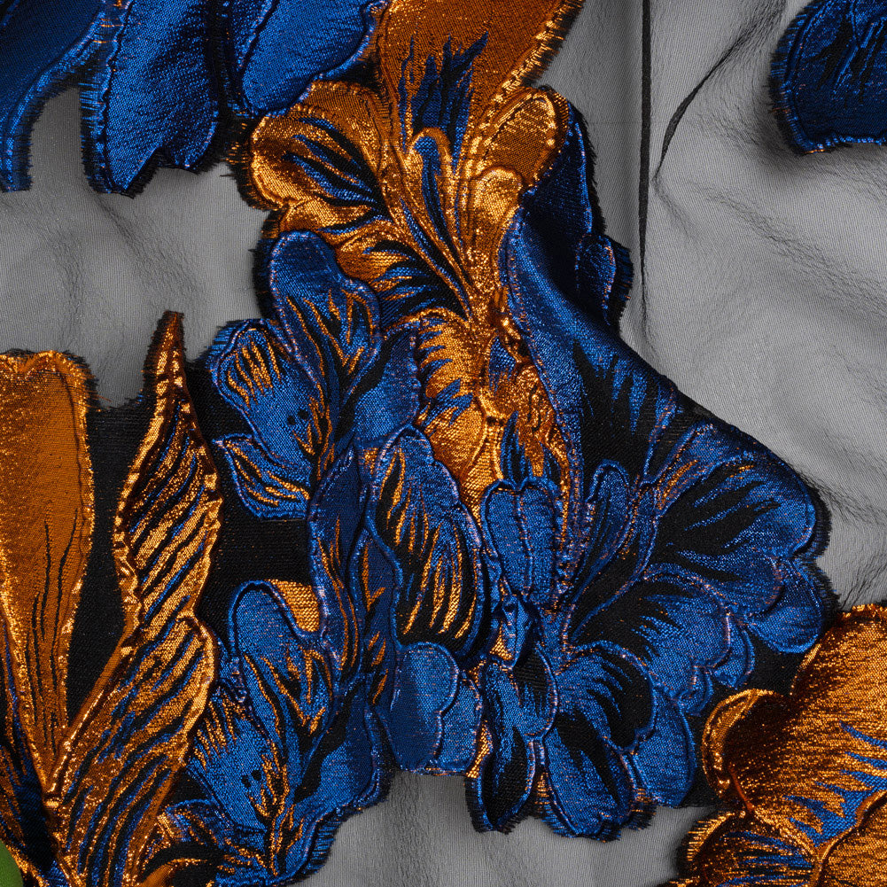Metallic Royal Blue, Orange and Black Fantastic Flowers Luxury Burnout Brocade
