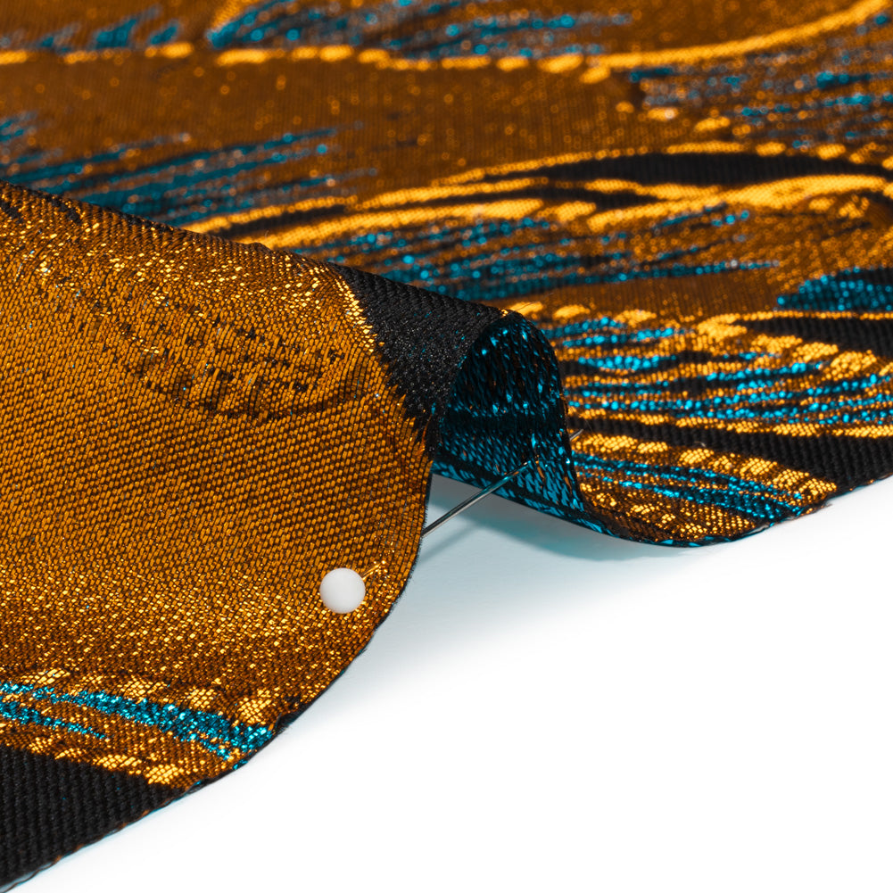Metallic Teal, Orange and Black Fantastic Flowers Luxury Burnout Brocade - Folded