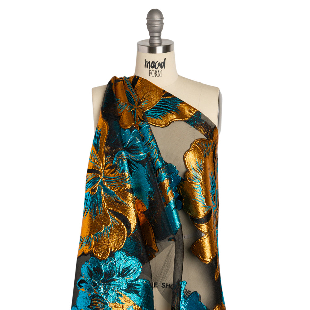 Metallic Teal, Orange and Black Fantastic Flowers Luxury Burnout Brocade - Detail