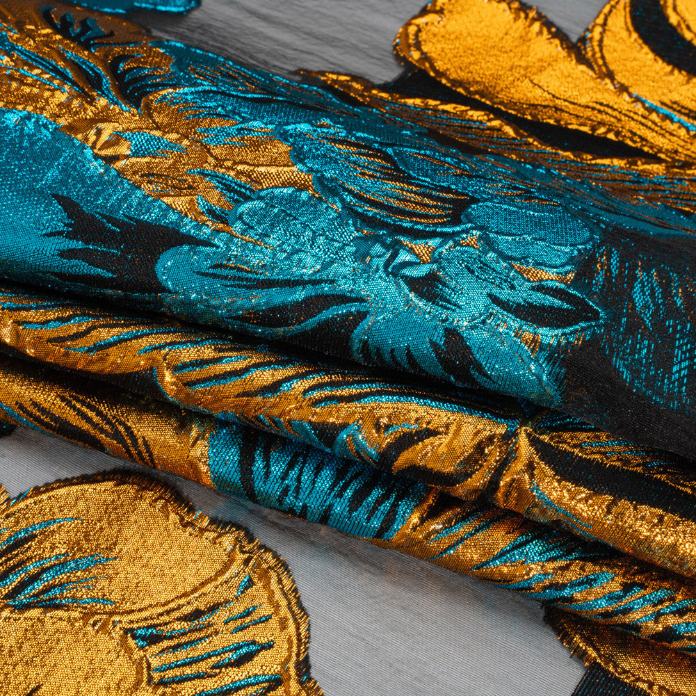 Metallic Teal, Orange and Black Fantastic Flowers Luxury Burnout Brocade - Full