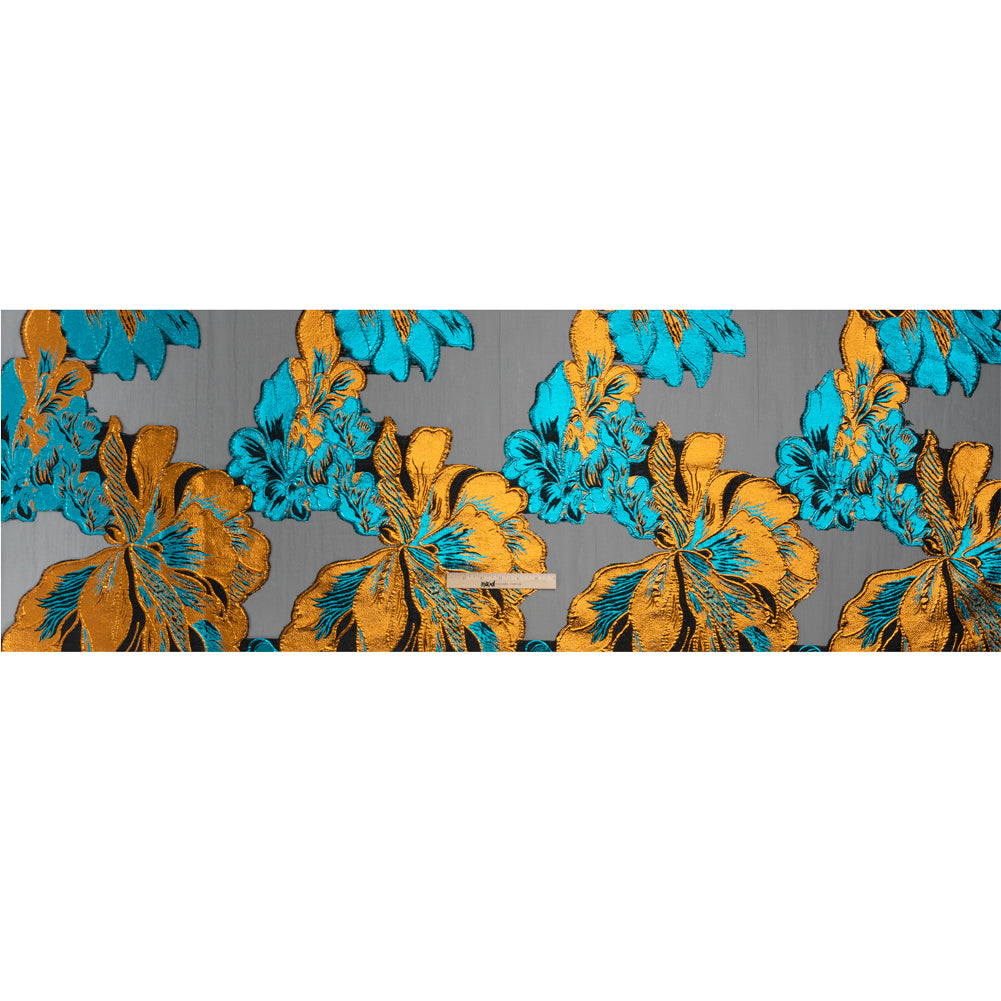 Metallic Teal, Orange and Black Fantastic Flowers Luxury Burnout Brocade - Drape